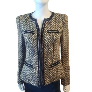 BASLER BL Collarless Zipper Front Herringbone Tweed Jacket Sz 6 Blk/Tan/Grey